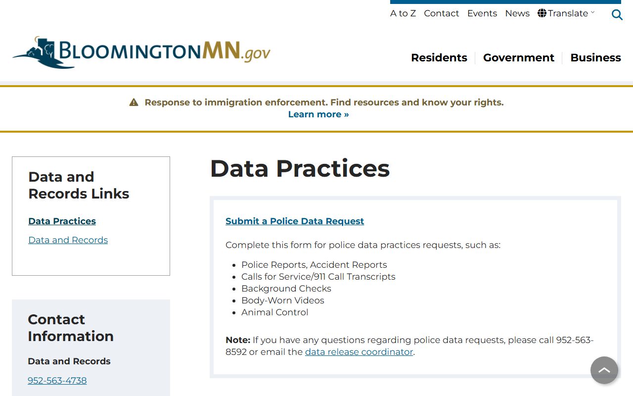 Bloomington data practices page for DUI records requests