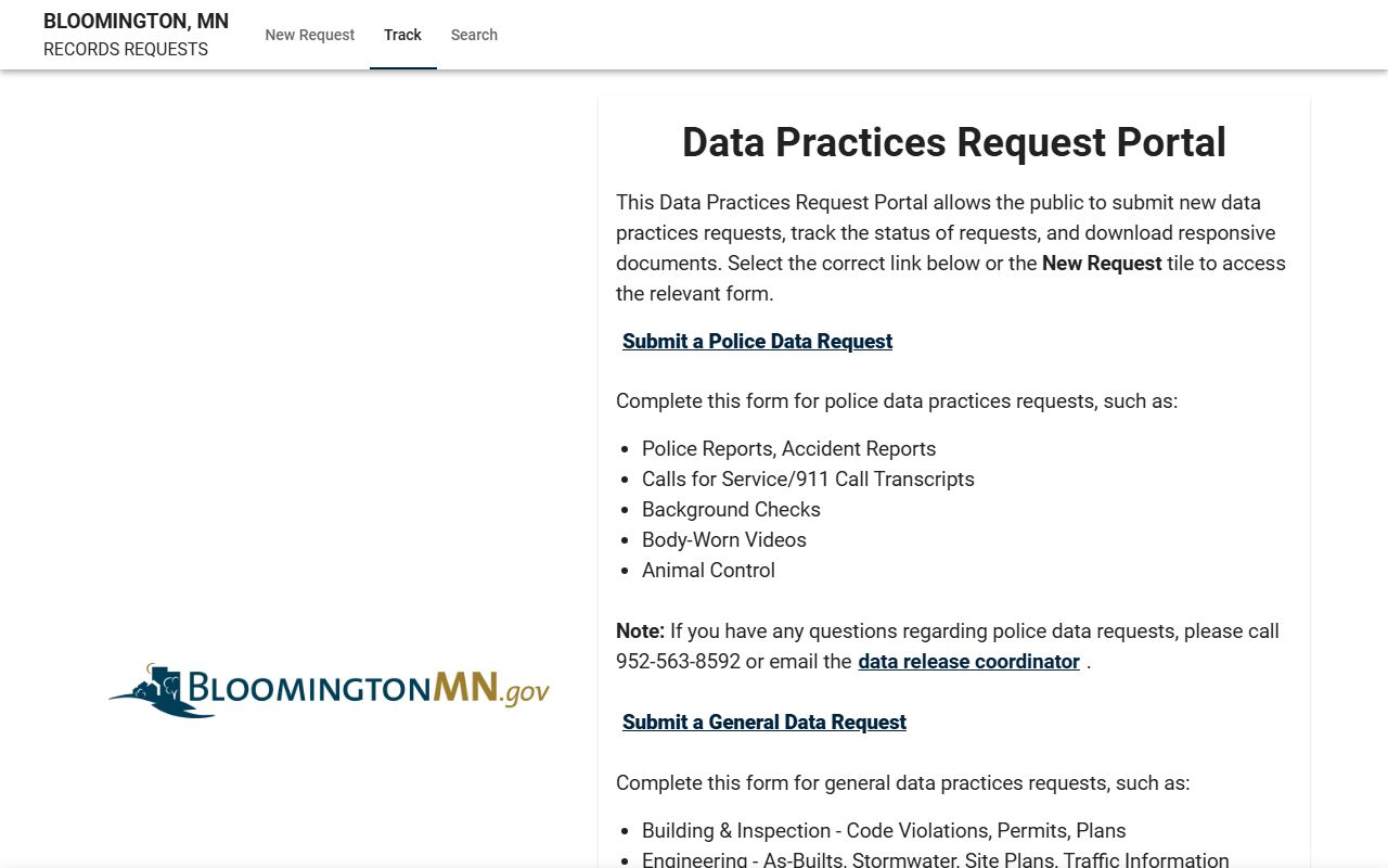 Bloomington JustFOIA portal for DUI records requests