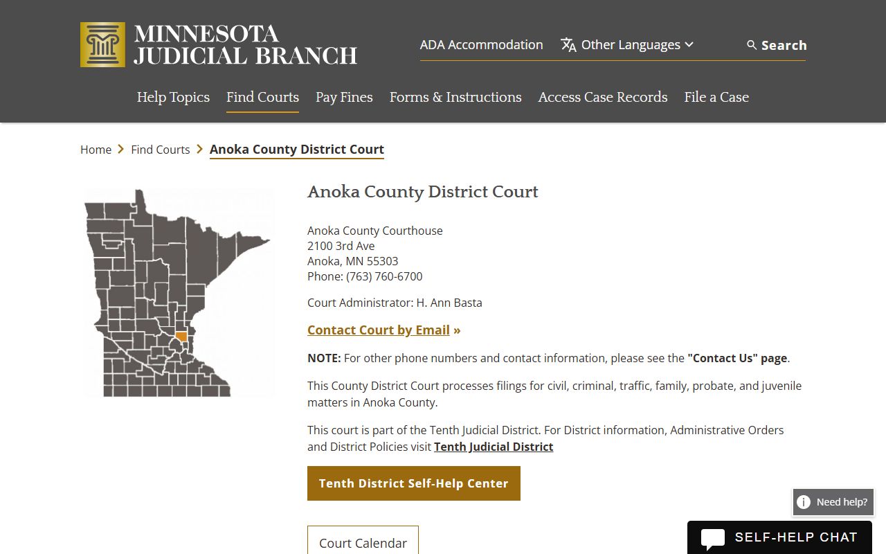 Anoka County court page for Coon Rapids DUI records