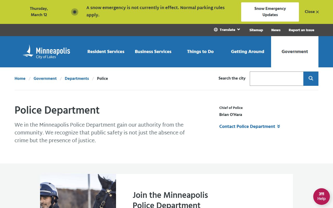 Minneapolis Police Department main page for DUI records