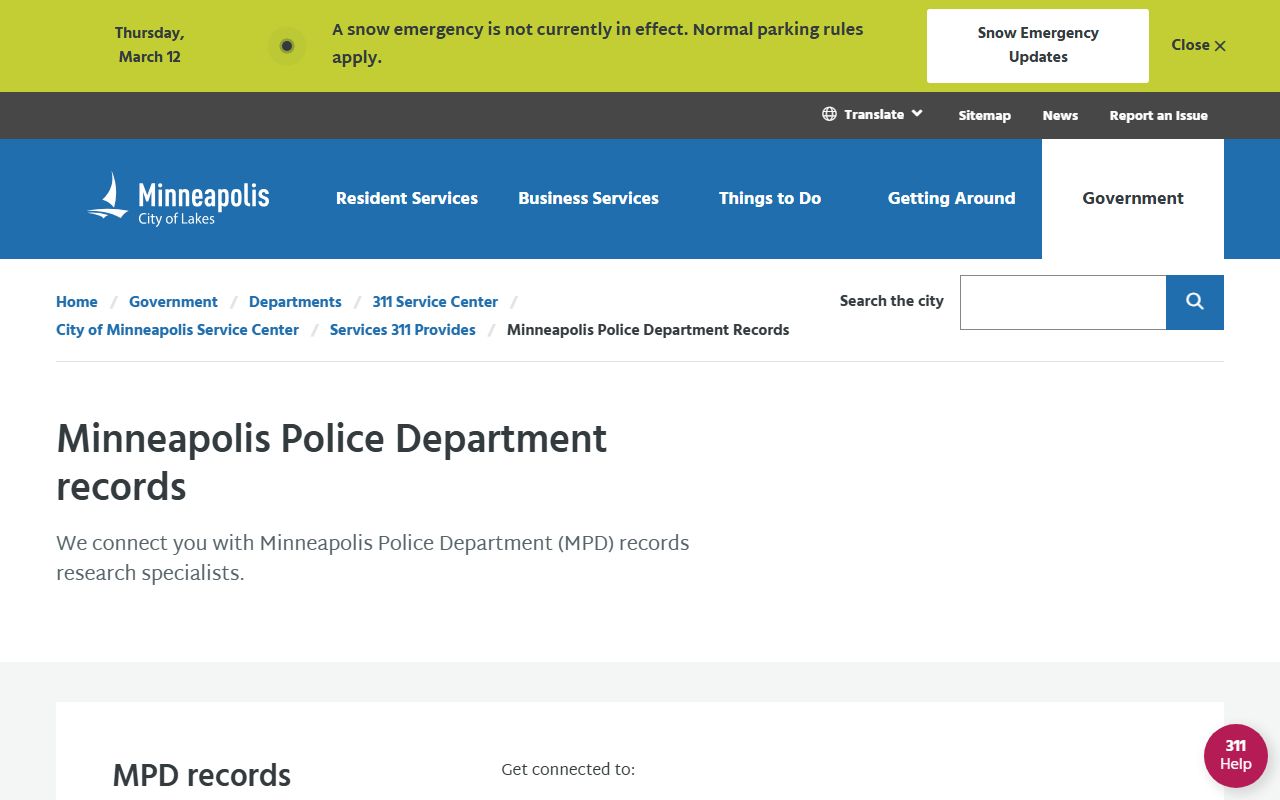 Minneapolis Police Department records page for DUI records requests