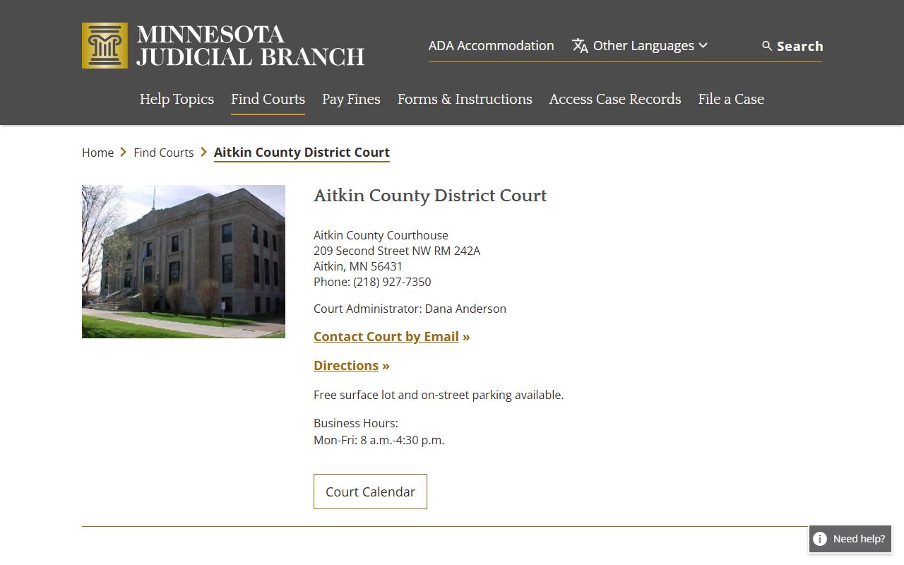 Aitkin County District Court page for DUI records access