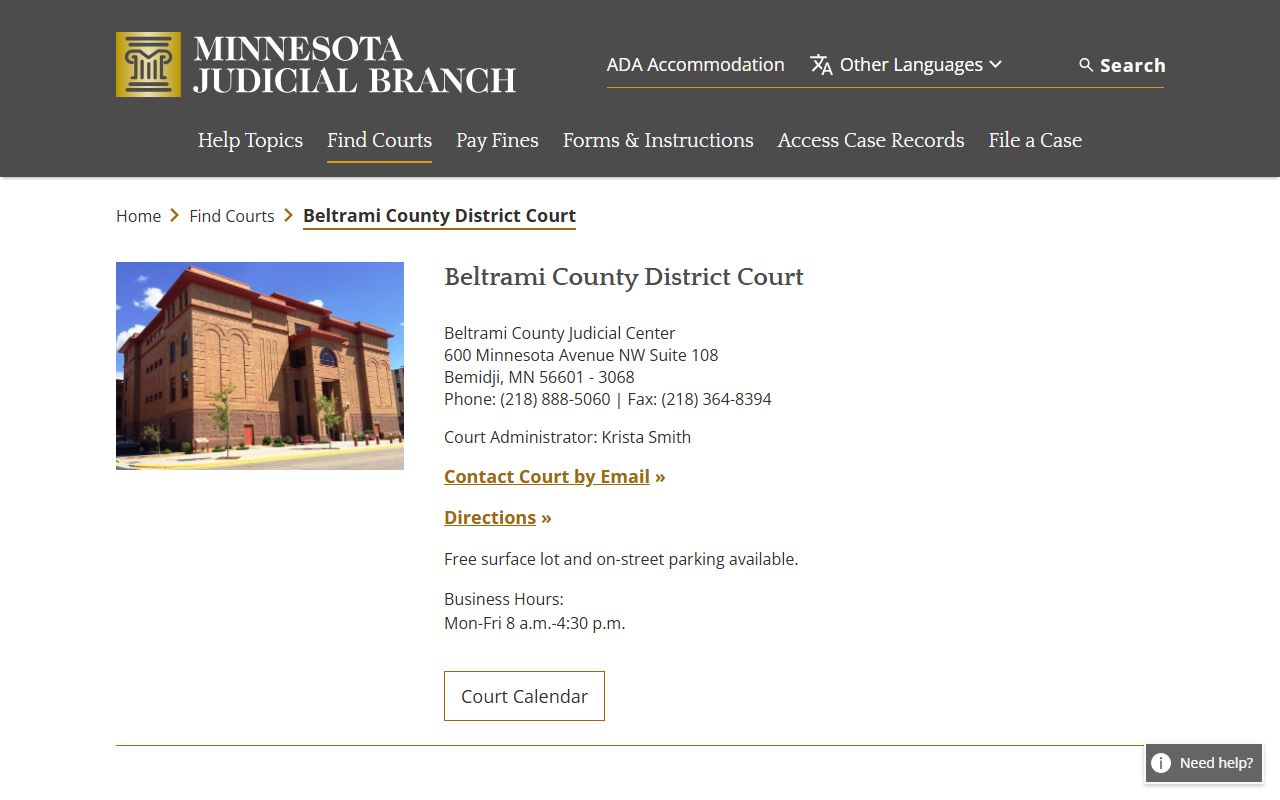 Beltrami County District Court page for DUI records in Bemidji