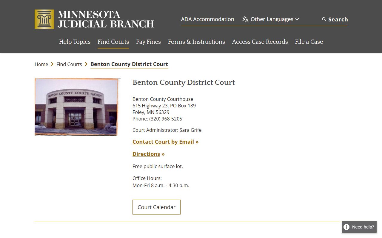 Benton County District Court page for DUI records in Foley