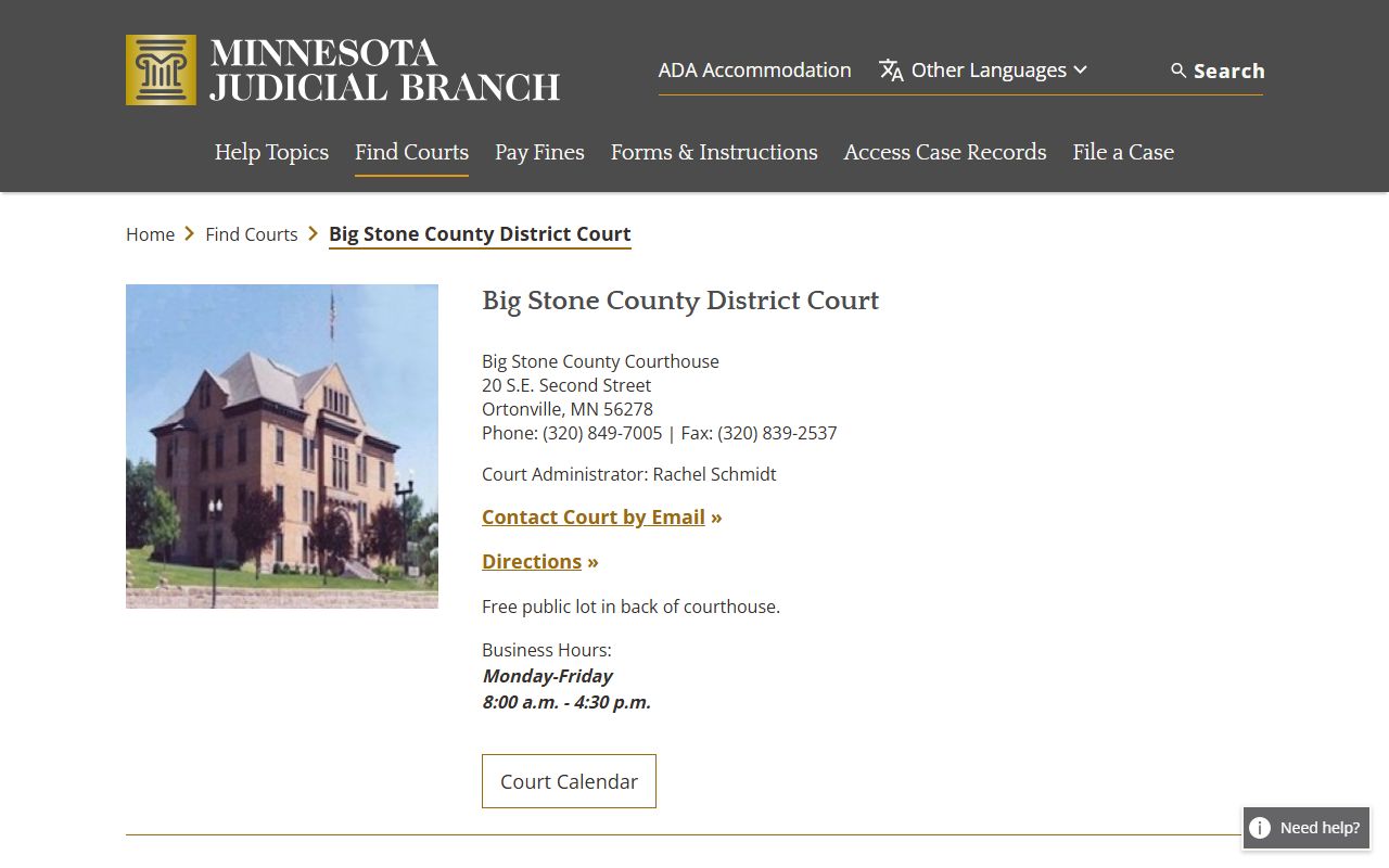 Big Stone County District Court page for DUI records in Ortonville