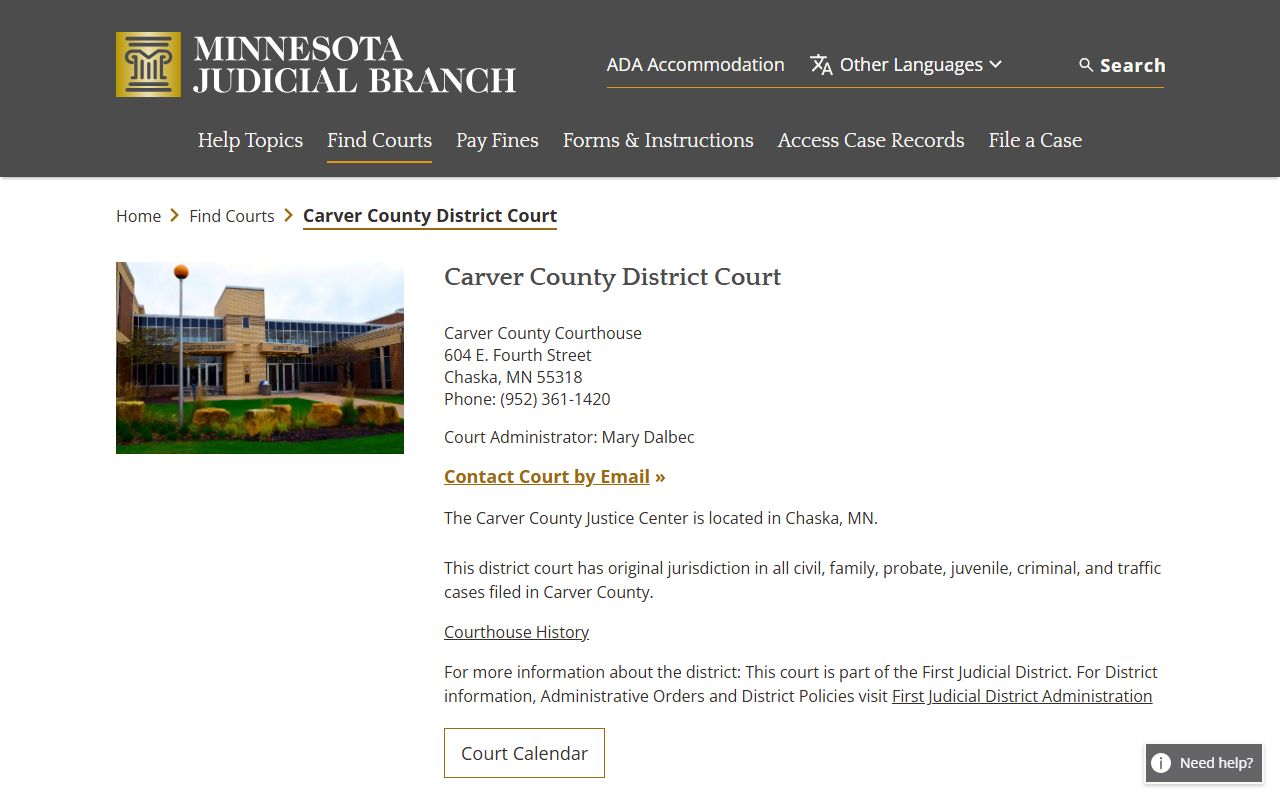 Carver County District Court page for DUI records lookup