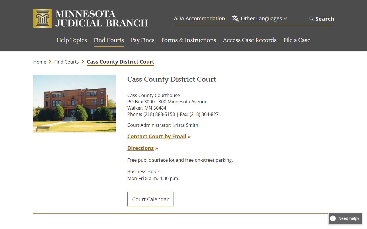 Cass County District Court page for DUI records search