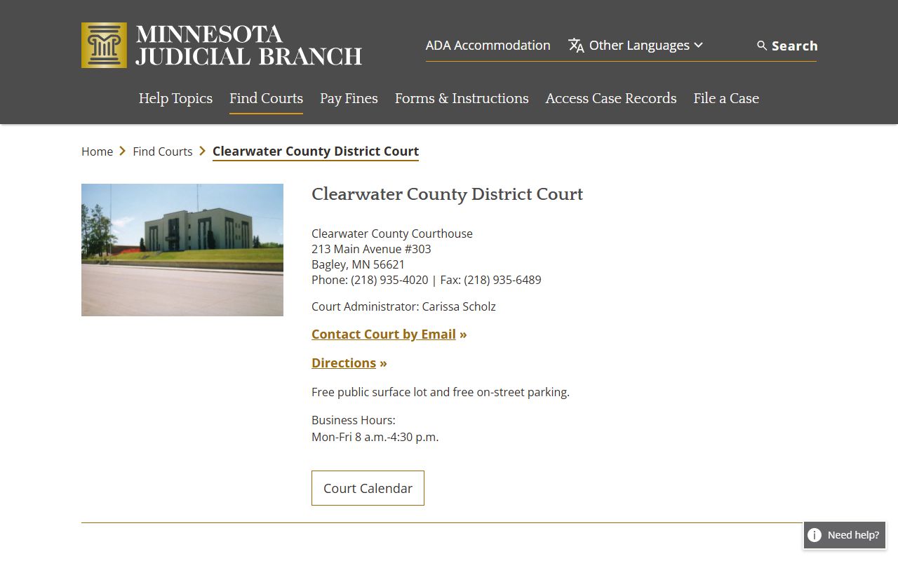 Clearwater County District Court page for DUI records lookup