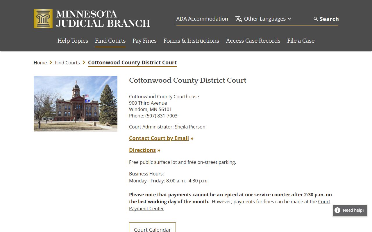Cottonwood County District Court page for DUI records