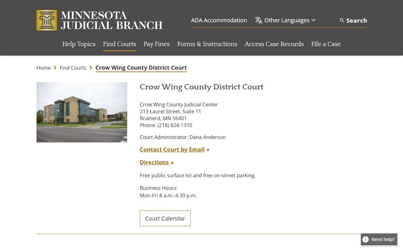 Crow Wing County District Court page for DUI records access