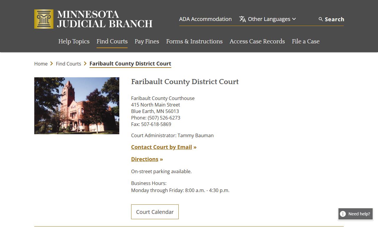 Faribault County District Court page for DUI records access