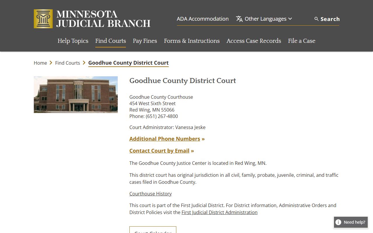 Goodhue County District Court page for DUI records