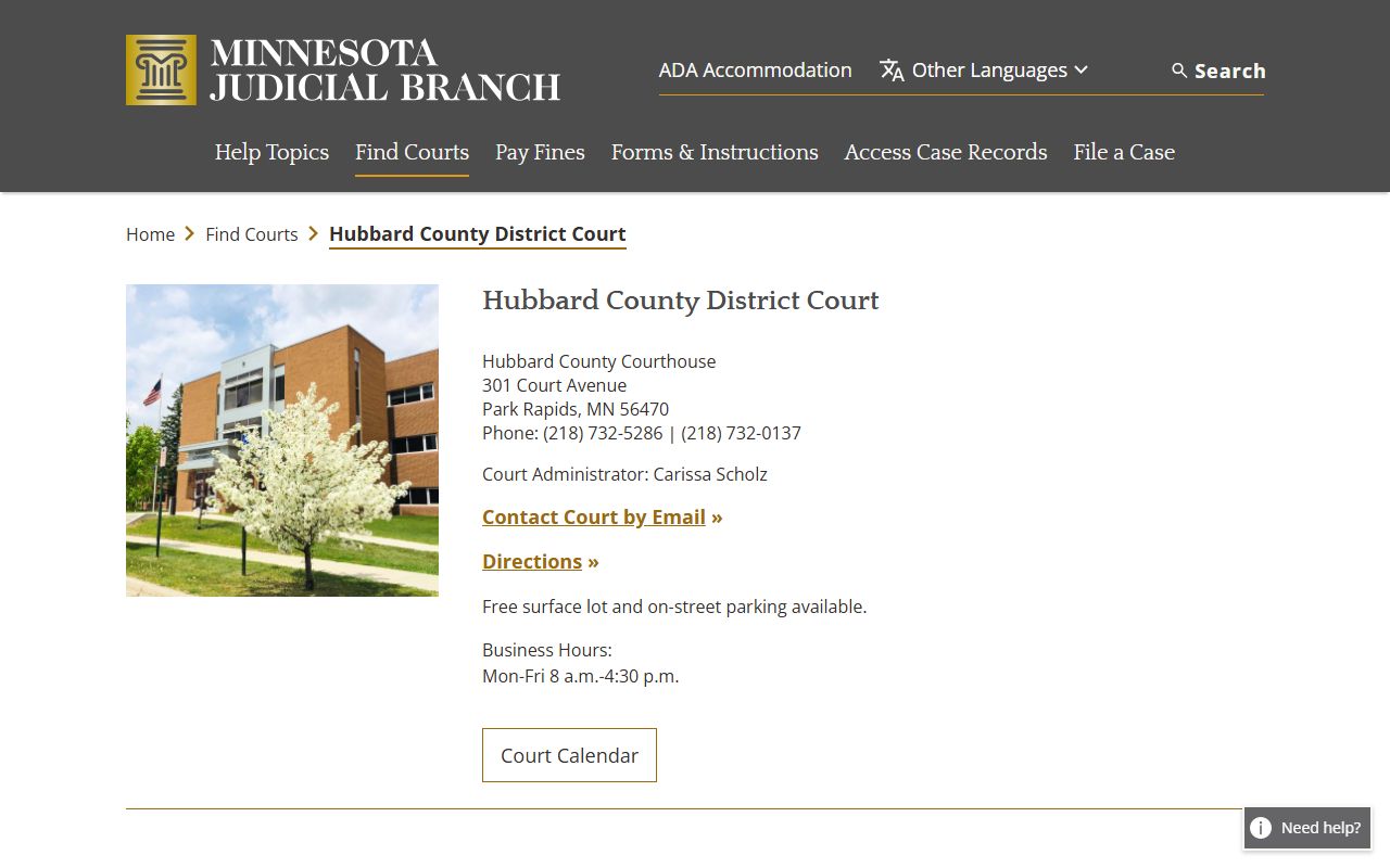 Hubbard County District Court page for DUI records