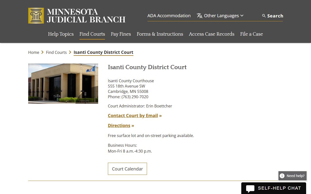 Isanti County District Court page for DUI records access