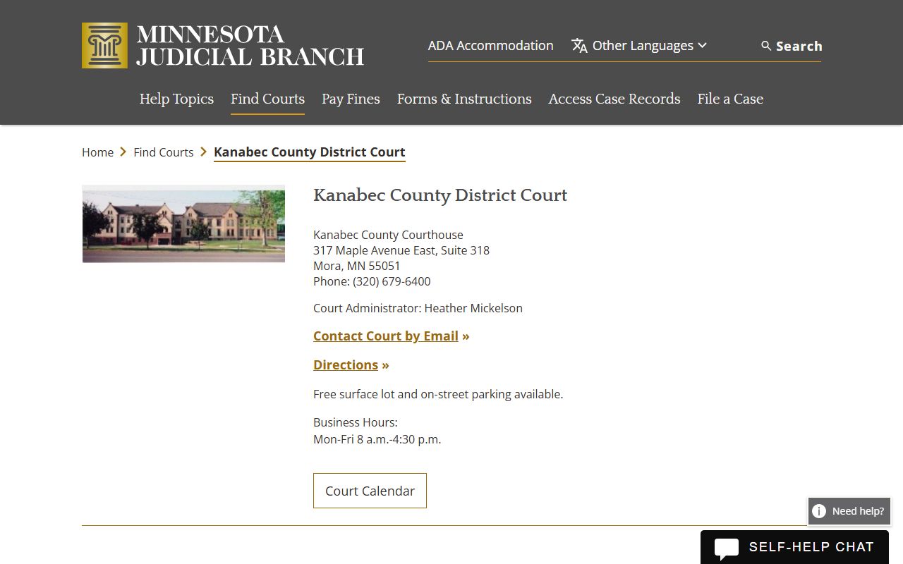 Kanabec County District Court page for DUI records