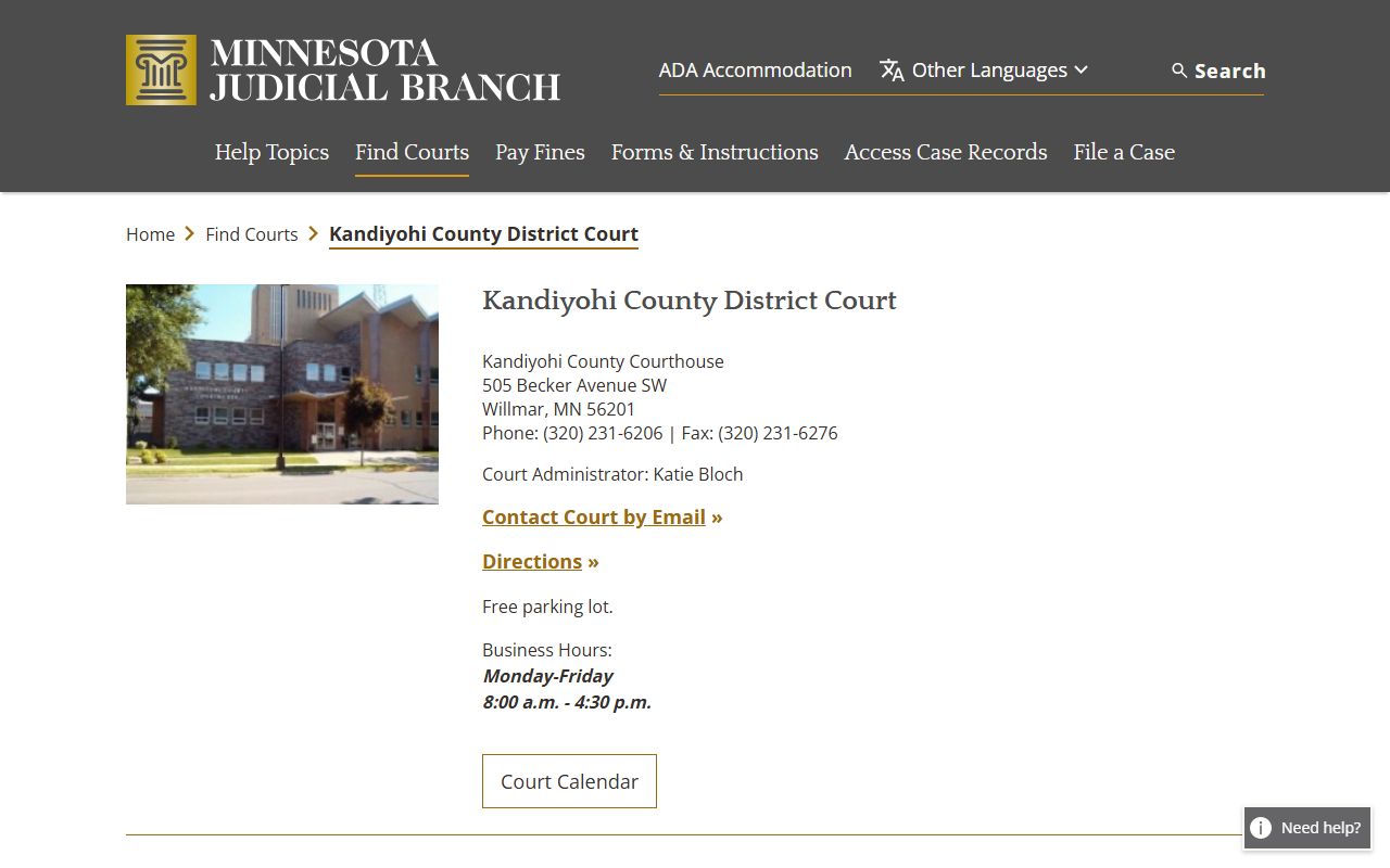 Kandiyohi County District Court page for DUI records