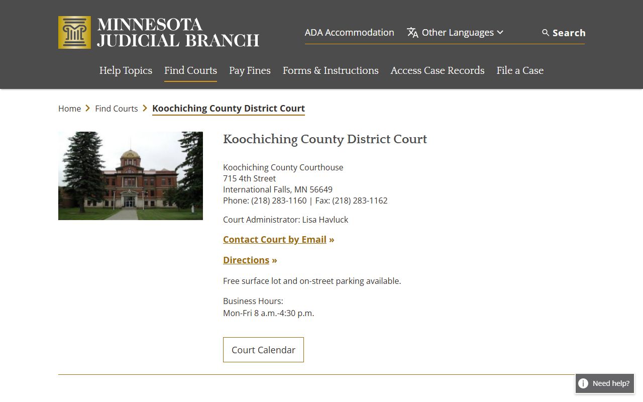 Koochiching County District Court page for DUI records