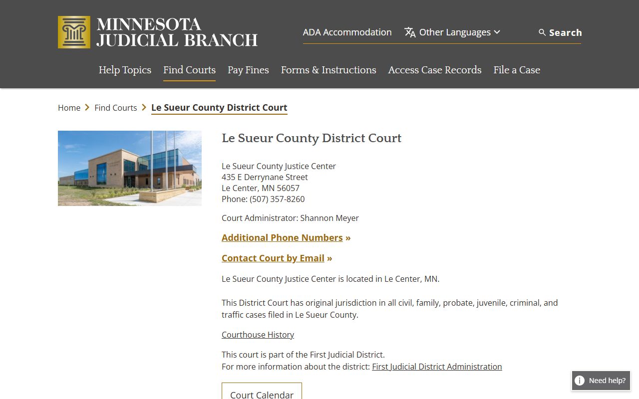 Le Sueur County Justice Center page for DUI records