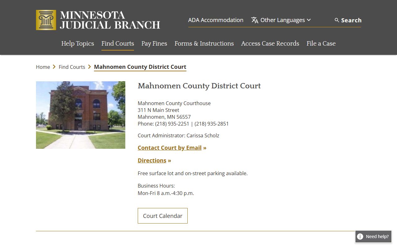 Mahnomen County District Court page for DUI records