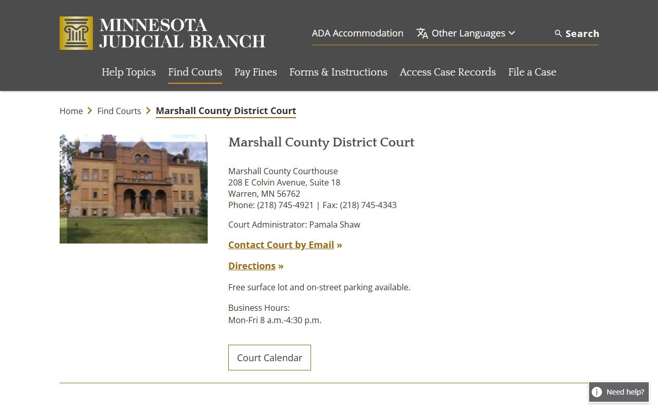 Marshall County District Court page for DUI records access