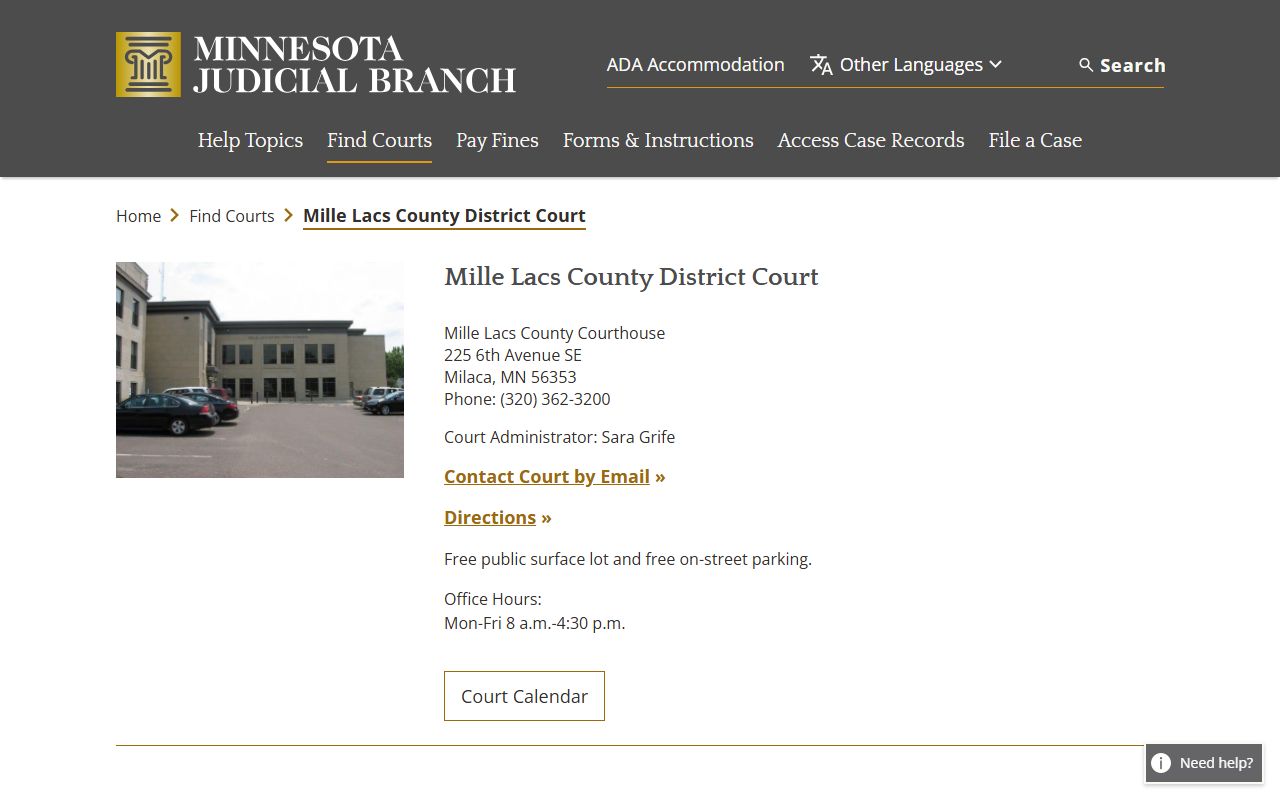 Mille Lacs County District Court page for DUI records