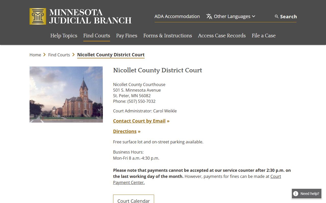 Nicollet County District Court page for DUI records