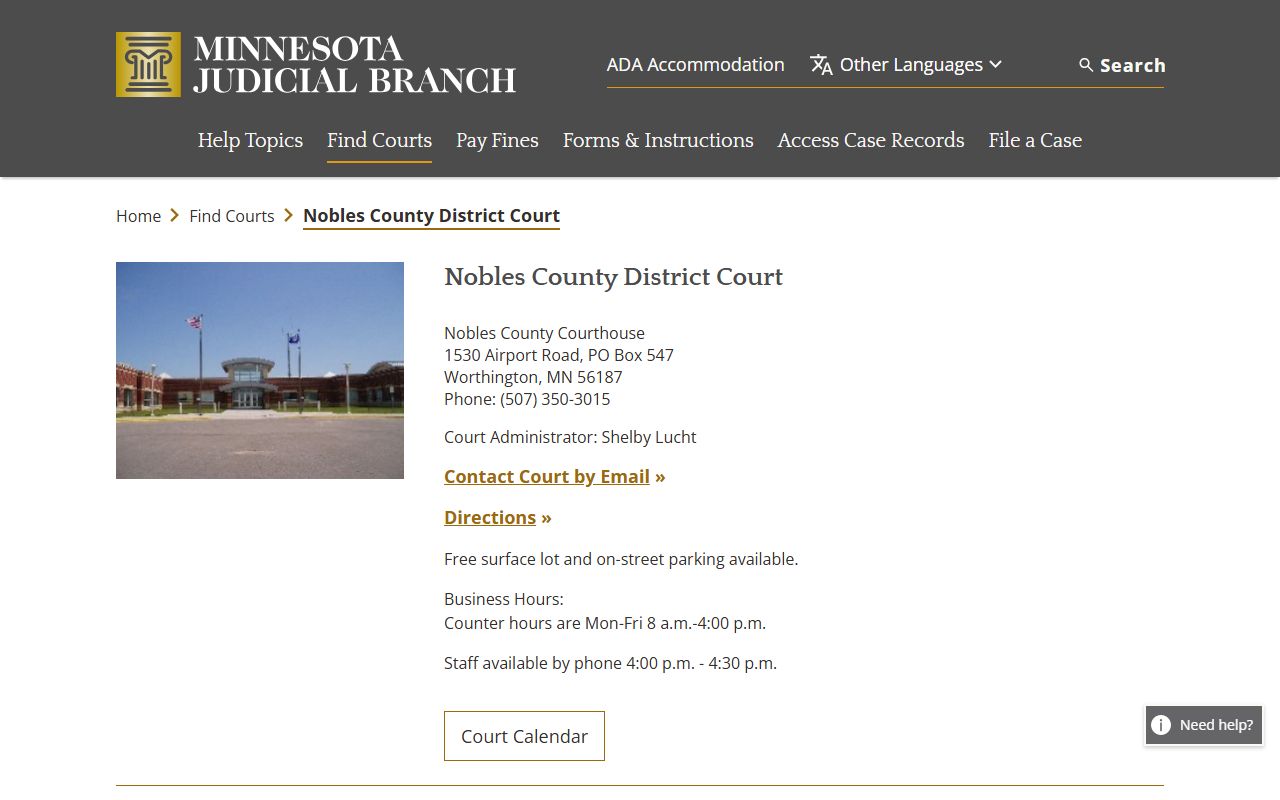 Nobles County District Court page for DUI records