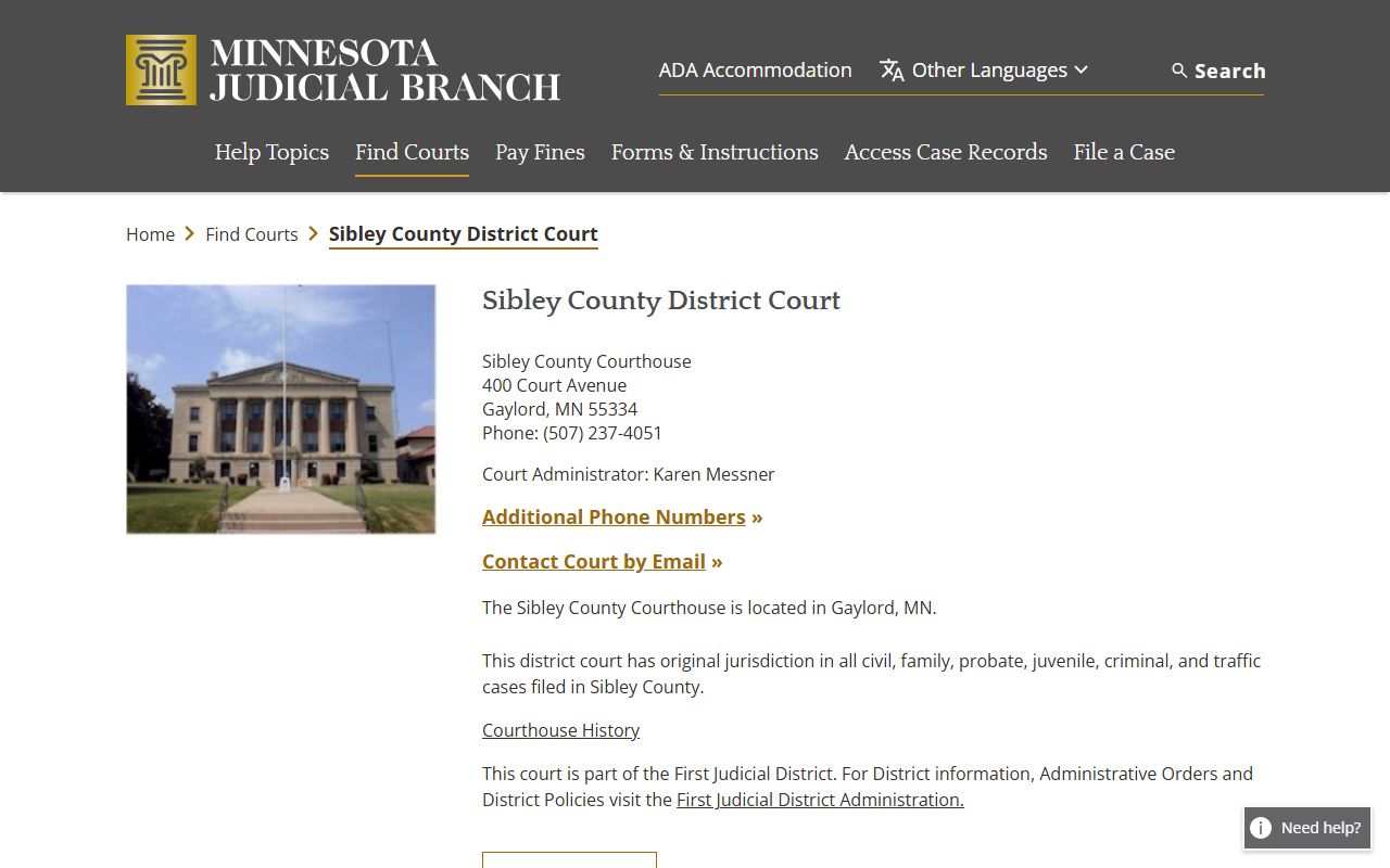 Sibley County District Court page for DUI records