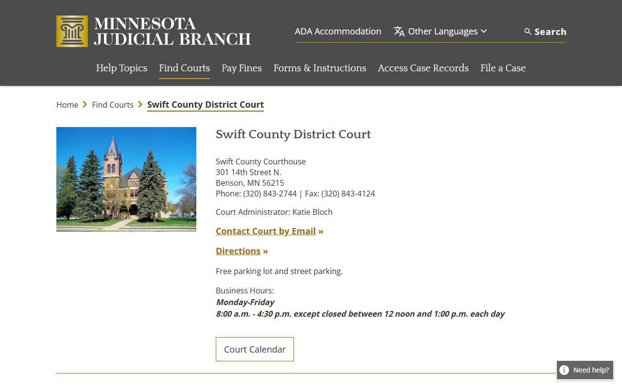 Swift County District Court page for DUI records