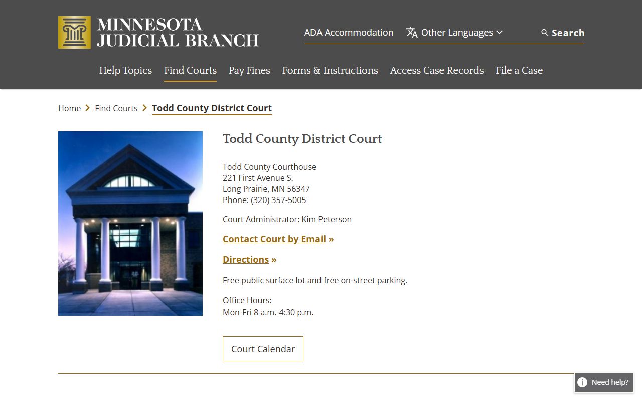 Todd County District Court page for DUI records