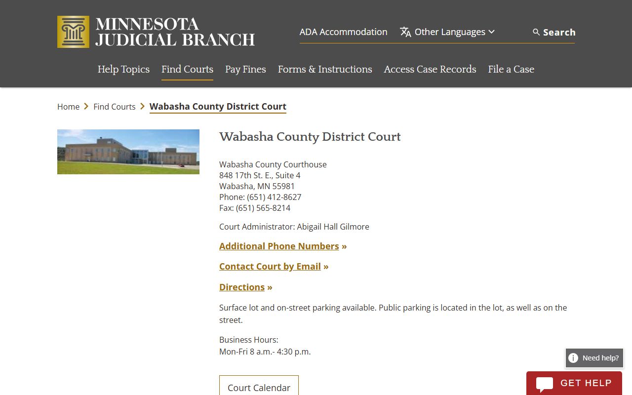 Wabasha County District Court page for DUI records
