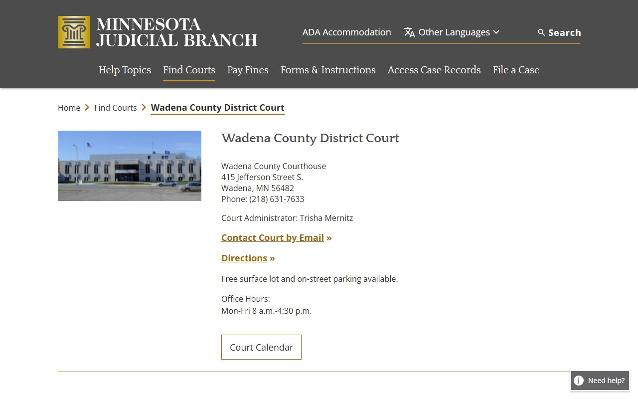 Wadena County District Court page for DUI records