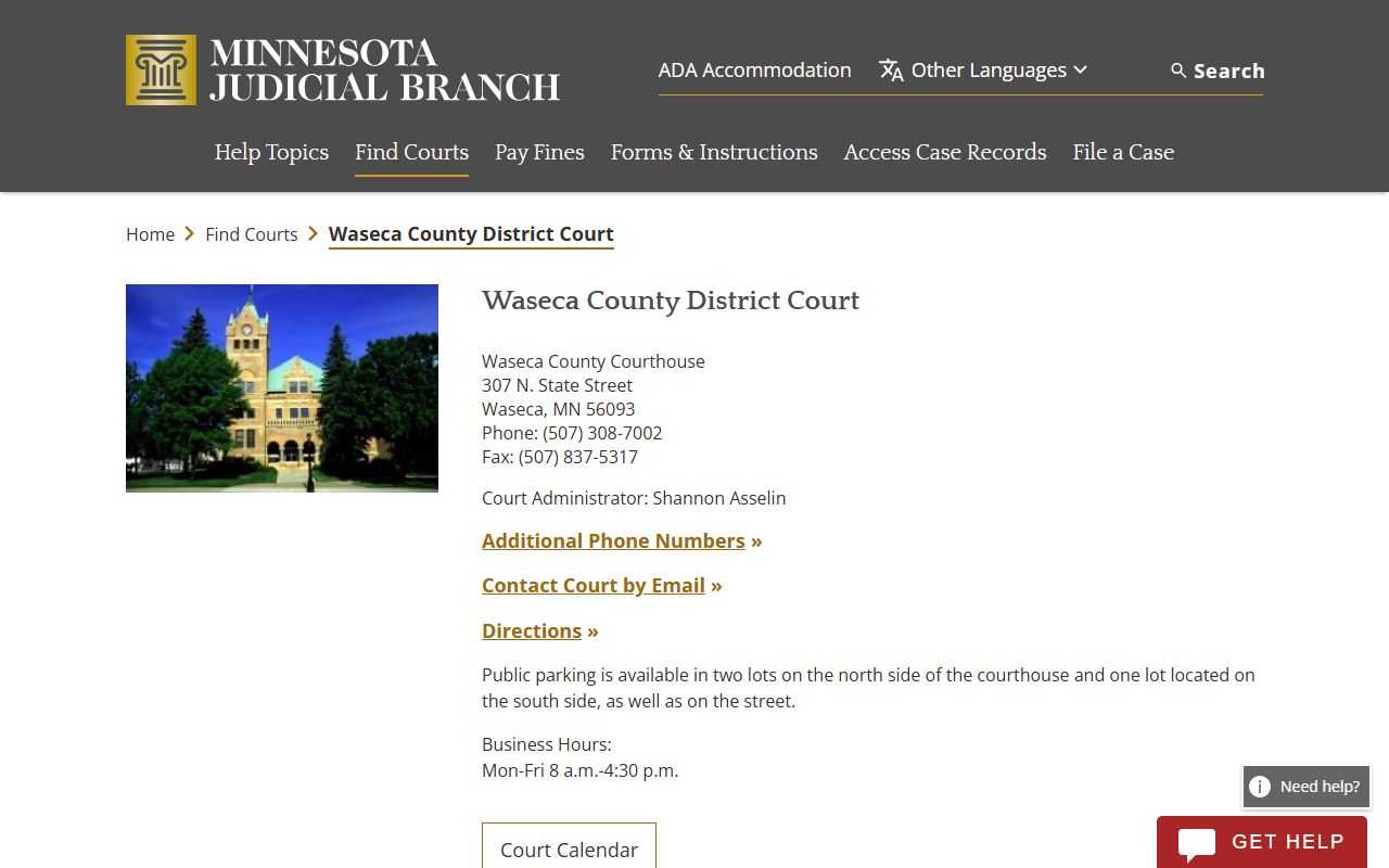 Waseca County District Court page for DUI records