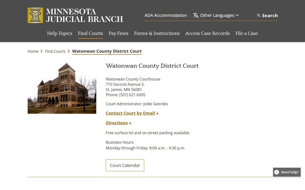 Watonwan County District Court page for DUI records
