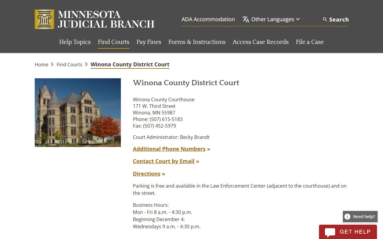 Winona County District Court page for DUI records