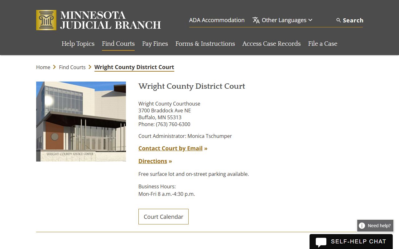 Wright County District Court page for DUI records