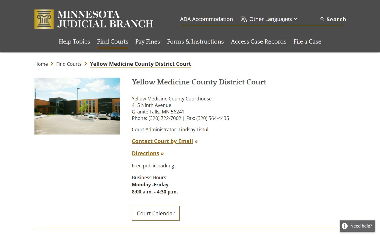 Yellow Medicine County District Court page for DUI records