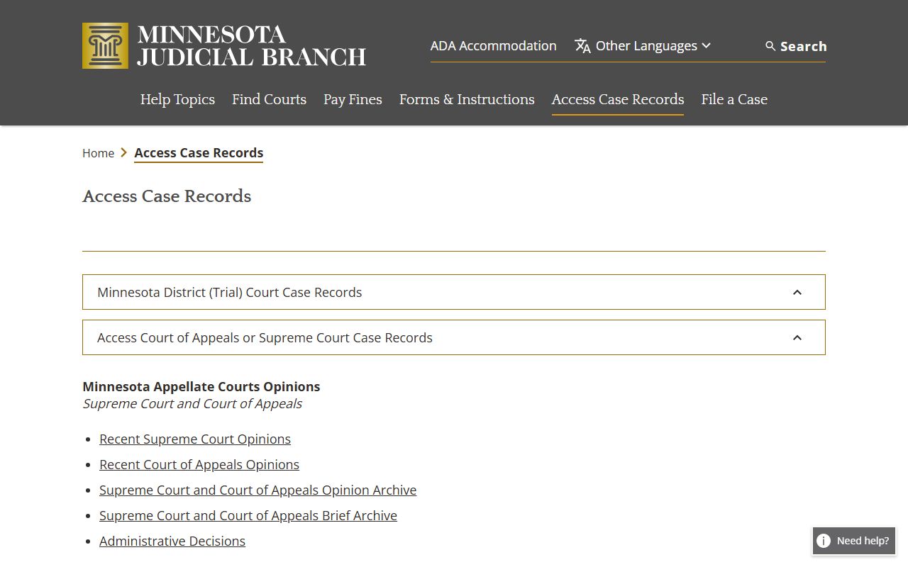 Minnesota DUI Records access case records page