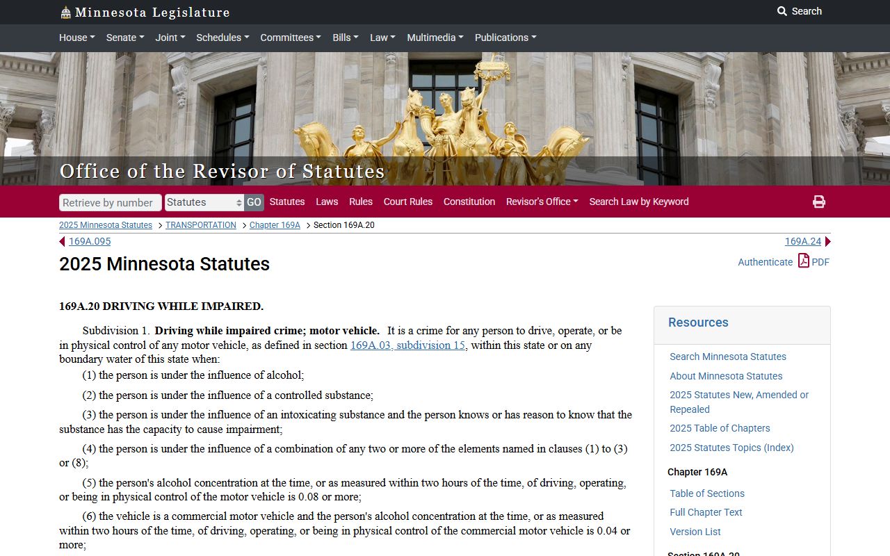 Minnesota DUI Records core DWI definition statute 169A.20