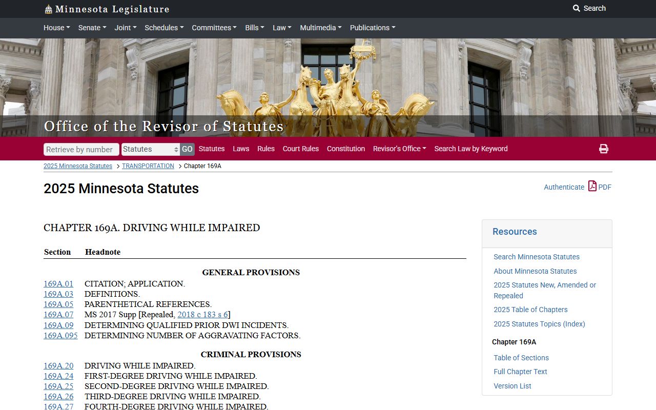 Minnesota DUI Records DWI statute chapter 169A