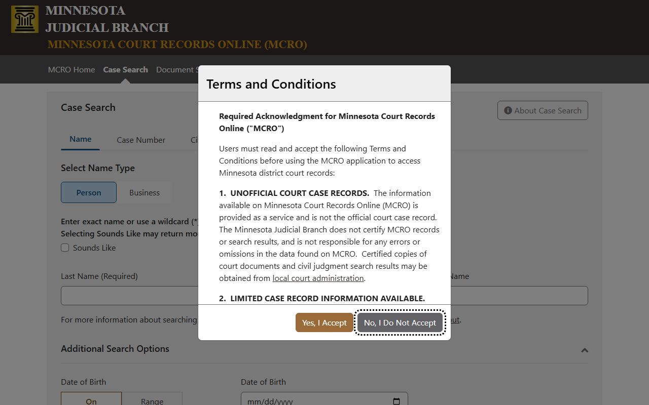 Minnesota DUI Records MCRO case search page